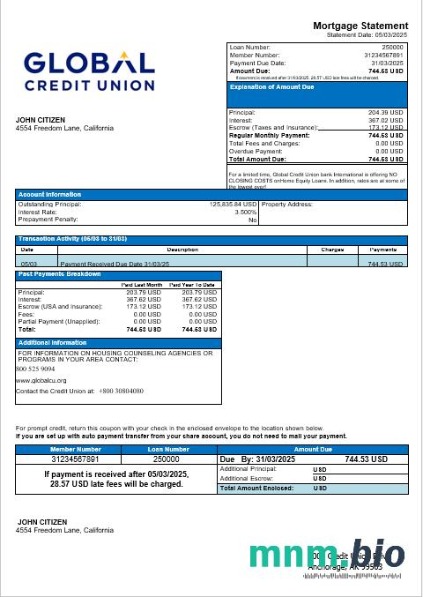 USA Alaska Global Credit Union wyciąg z kredytu hipotecznego w formatach Word i PDF